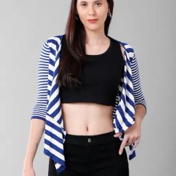 Identiti Blue & White Cotton Striped Knit Shrug-10
