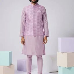 KISAH Lavender Regular Fit Embroidered Kurta & Churidar With Nehru Jacket-picture-39