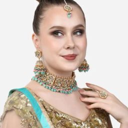 Zaveri Pearls Multicolor Cluster Floral Kundan Choker Necklace Earring Maangtikka Ring Set-ZPFK14649-41