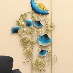vedas Mystic Indiana Gold Toned & Blue Textured Metal Feathered Genius Peacock Wall Decor-image-55