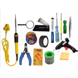 Fadman Beginner Basic Soldering Iron Kit Pack-14, Solder Wire, Stand, Cutter, Paste, Tweezer, Tester, 2In1 Screw Driver, Sponge, Pump, Magnifying Glass, Tape, Multimeter, 20W Glue Gun, Soldering Iron 25 W Simple (Flat Tip)-48