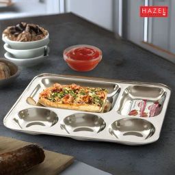 HAZEL Stainless Steel Compartment Mess Plate Steel Rectangle Bhojan Thali with Round Holes-15