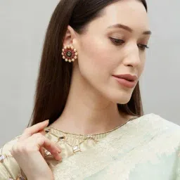 Fida Ethnic Indian Traditional Gold Pearl Pink Stone Stud Earrings-image-52