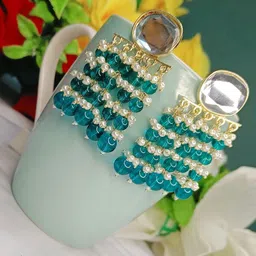 DIVASTRI Gold-Plated Stones Studded And Beaded Oval Shape Drop Earrings-image-56