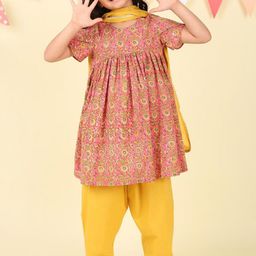 Fabindia Girls Floral Printed Round Neck Pure Cotton Kurta With Salwar & Dupatta-image-36