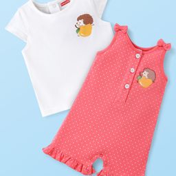Babyhug Single Jersey Knit Dungaree Set With Porcupine Printed Half Sleeves Tee - White & Pink-image-5