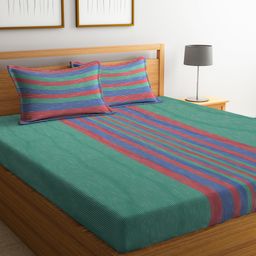 Arrabi Multi Stripes Handwoven Cotton Super King Size Bedsheet with 2 Pillow Covers ARBS-1774-Multi-image-10