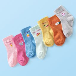 Cute Walk by Babyhug Anti-Bacterial Ankle Length Socks Text & Floral Design Socks Pack of 7 - Multicolour-picture-19