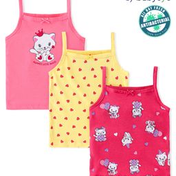 Babyoye Eco Conscious Cotton Sleeveless Slips With Heart & Kitty Print Pack Of 3 - Pink & Yellow-image-39