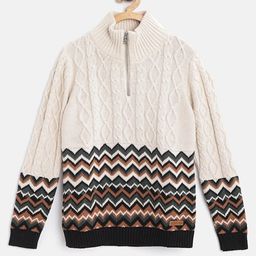 Cherry Crumble By Nitt Hyman Full Sleeves Woven Chevron & Cable Designed Bohemian High Neck Sweater - Beige-image-24