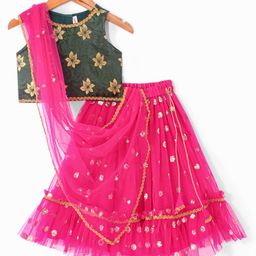 Babyhug Woven Sleeveless Floral Printed Choli Lehenga Set With Dupatta - Pink-image-67