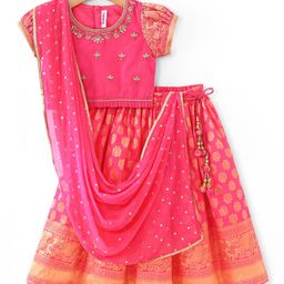 BabyhugShort Sleeves Floral Embroidered Choli with Brocade Lehenga and Dupatta Se- Fuschia-image-0