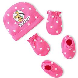 Babyhug Disney Cotton Knit Cap Mittens & Booties Set with Pluto Graphic - Dark Pink-image-75