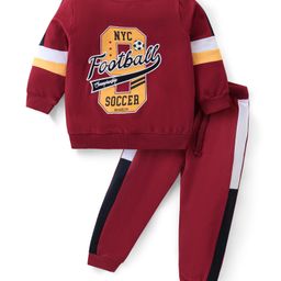Babyhug Cotton Knit Full Sleeves T-Shirt & Lounge Pants Set With Text Embroidery - Dark Red-image-51