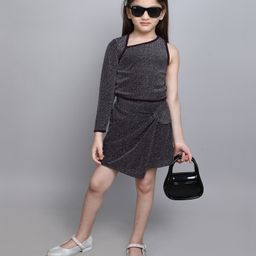 Taffykids Metallic Lurex One Shoulder Party Crop Top With Twist Detail Skirt Set - Purple-image-27