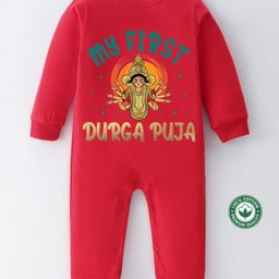 BLUSHES Durga Puja Theme 100% Cotton Full Sleeves My First Durga Puja Text Printed Romper - Red-picture-18