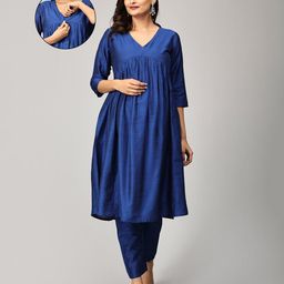 The Mom Store Silk Three Fourth Sleeves Solid Maternity Kurta With Nursing Access & Salwar Set - Blue-image-3