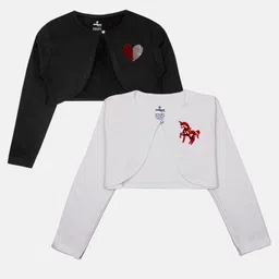 Kiddopanti Fleece Pack Of 2 Full Sleeves Heart & Unicorn Shaped Sequins Embellished Crop Shrugs - Black & White-picture-0