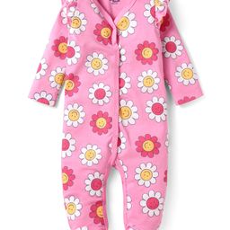 Doodle Poodle Cotton Knit Full Sleeves Footed Sleep Suit With Floral Print - Pink-image-31