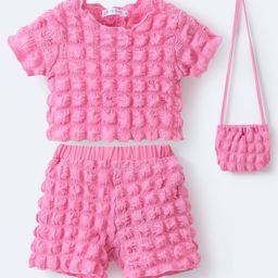Mark & Mia Half Sleeves Textured Top & Shorts Set with Sling - Pink-image-59