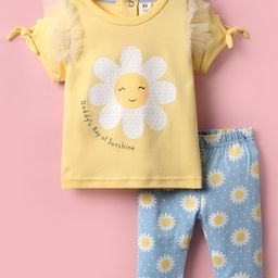 ToffyHouse Knit Half Sleeves Top & Lounge Pant Set With Floral & Polka Dot Print - Lemon Yellow & Light Blue-image-70