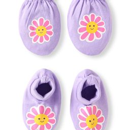 Babyhug 100% Cotton Knit Mittens & Booties With Floral Print - Lilac-image-78