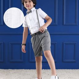 Mark & Mia Cotton Woven Half Sleeves Shirt & Short with Bow & Suspender - White & Grey-image-43