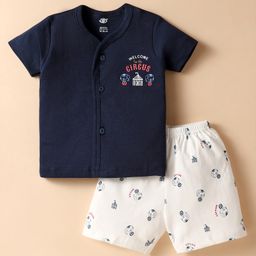 Zero Interlock Knit Front Open Half Sleeves Shorts Night Suit With Circus Print - Navy Blue & White-12