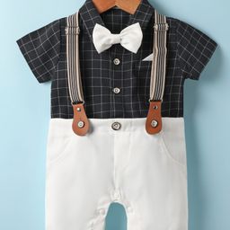 Mark & Mia Woven Half Sleeves Checks Party Romper With Bow & Suspender - Black & White-image-42