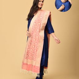 The Mom Store Silk Three Fourth Sleeves Solid Maternity Kurta With Nursing Access & Salwar With Foil Printed Dupatta Set - Multi Color-image-23