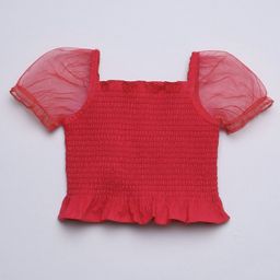 Taffykids Net Half Puffed Sleeves Smocked Detailed Crop Top - Coral-picture-2