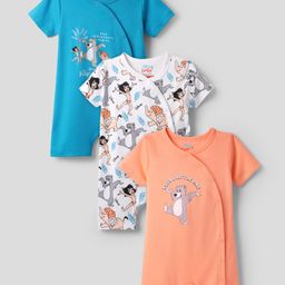 Babyhug Disney Interlock Knit Half Sleeves Romper with Mowgli & Friends Print Pack of 3 - Blue White & Peach-image-81