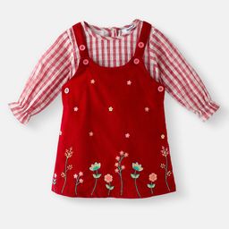 Nauti Nati Corduroy Floral Embroidered Dungaree With Full Peasant Sleeves Checked Tee - Wine & Red-14