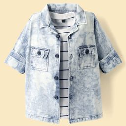 Dapper Dudes Full Sleeves Abstract Embroidered Mild Washed Denim Jacket With Striped Tee - Blue-image-19