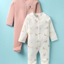 I Bears Interlock Knit Full Sleeves Duck Printed Footed Sleep Suits Pack of 2 - White & Peach-image-68
