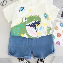 Googo Gaaga Cotton Half Sleeves Dinosaurs Printed Tee & Shorts Set - Cream-picture-5