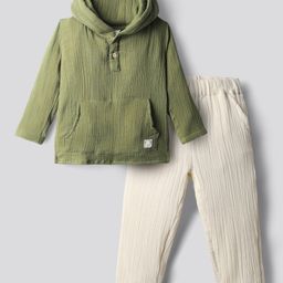 Bonfino 100% Cotton Woven Full Sleeves Hooded Shirt & Pant Set With Textured Design & Kangaroo Pockets - Olive Green-image-42