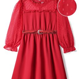 Hola Bonita Woven Full Sleeves Solid Coloured Dress With Belt & Frill Detailing - Red-picture-40