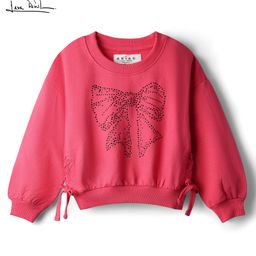 Arias 100% Cotton Knit Full Sleeves Fleece Sweatshirt With Rhinestones Bow Design & Side Tie Up - Pink-image-6