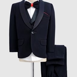 Robo Fry Cotton Woven Full Sleeves Solid 4 Piece Party Suit With Bow - Navy Blue-picture-21