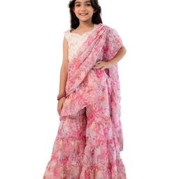 Cutiediva Viscose Woven Sleeveless Floral Printed Ready To Wear Sharara Style Saree With Blouse Set - Pink-image-5