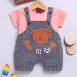 Jb Club Cotton Knit Teddy Bear Patch Embroidered Dungaree With Half Sleeves Tee Set - Peach-picture-7