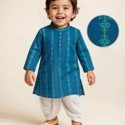 EARTHY TOUCH Viscose Woven Full Sleeves Kurta & Dhoti Set with Manadarin Collar & Floral Print - Blue & White-picture-13