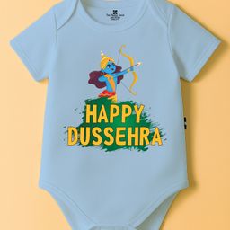 The Peppy Tend 100% Cotton Knit Dussehra Theme Half Sleeves Happy Dussehra Text Printed Onesie - Blue-picture-49