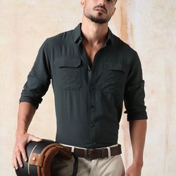 High Star Men Relaxed Fit Spread Collar Double Flap pocket utility Solid Textured Casual Shirt-image-12