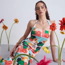 Kibo Women Floral Print Halter Neck Bodycon Maxi Dress-image-44