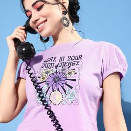 People Women Lavender Printed Puff Sleeves Cotton T-shirt-picture-13