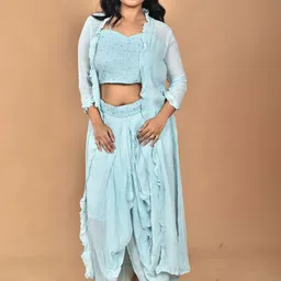 Morchari Hand Embroidered Shoulder Strap Neck Crop Top & Jacket With Skirt Co-Ords-image-30