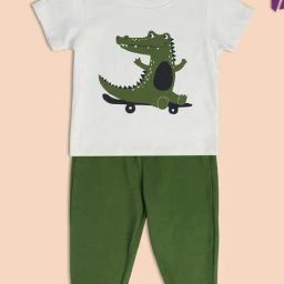 MINIKLUB Kids White & Green Printed Top with Pants-image-89