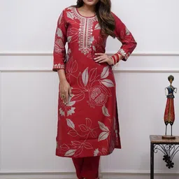 NIZA FASHION Women Floral Printed Regular Mirror Work Pure Silk Kurta with Trousers-picture-15